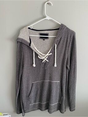 Gray/Brown Knit Hooded Poncho Style Pullover with Cream Drawstrings